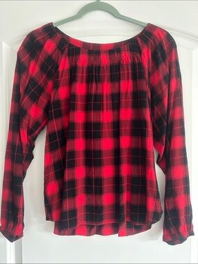 LOFT Red and Black Plaid Peasant Blouse